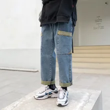 Men's Wash Cowboy Trousers Male Baggy Homme Cargo Pocket Jeans Blue Casual Pants Biker Denim Streetwear Hip Hop Straight Pants