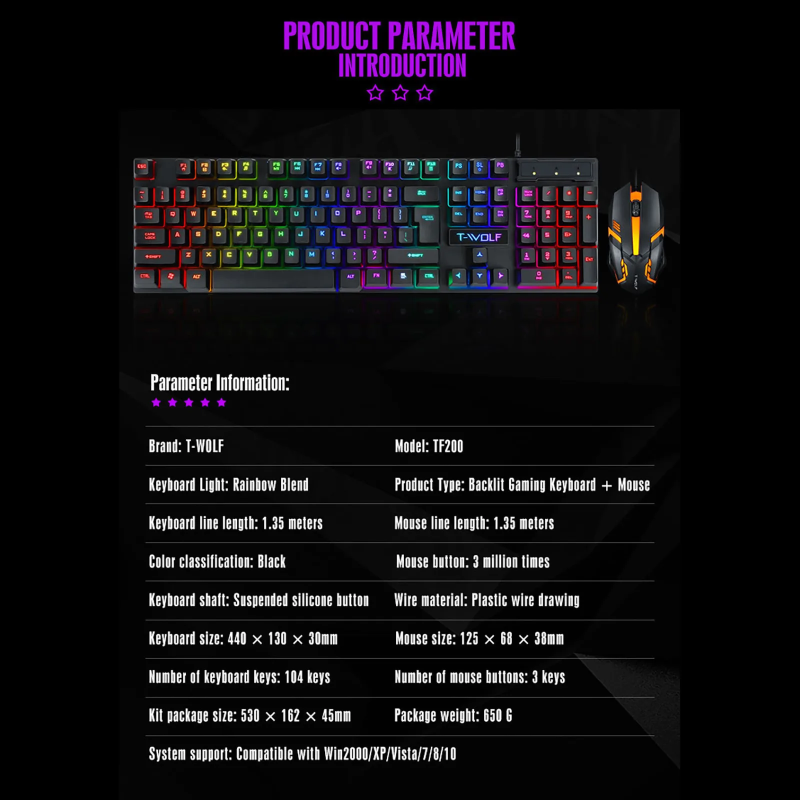 Fashion TF200 Rainbow Backlight Usb Ergonomic Gaming Keyboard and Mouse Set Gaming keyboard Wired Gaming Mouse Kit 104 Keycaps