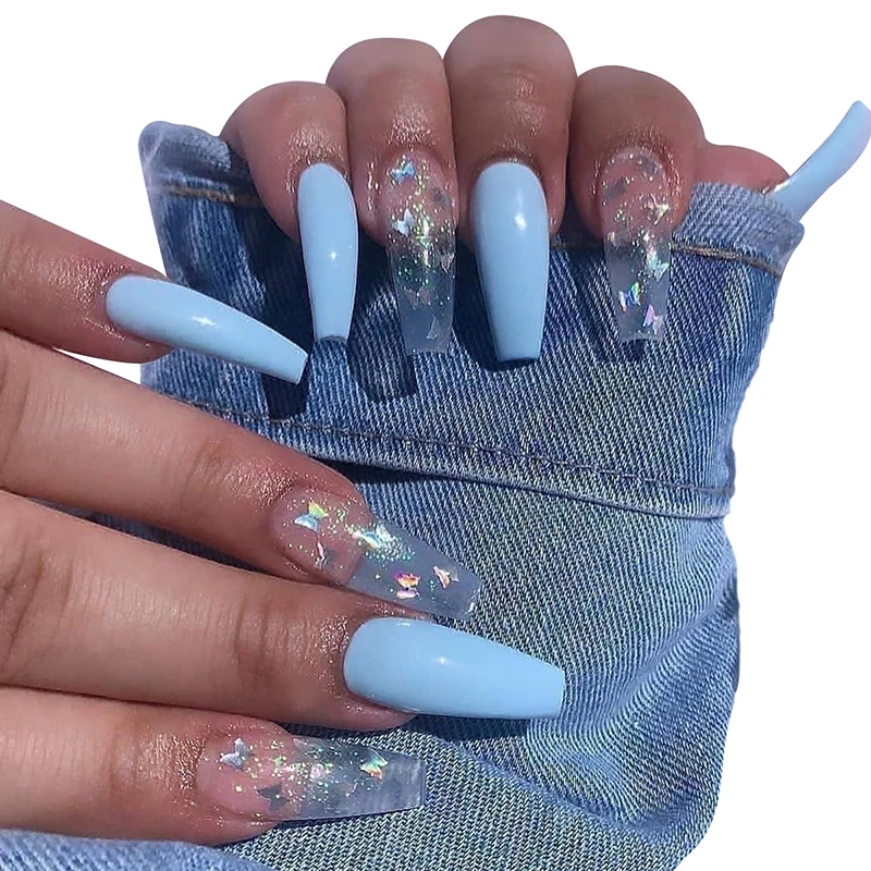 

Butterflies False Nails Long Fake Nails Gradient French Tips Hit Color Nail Tips Coffin Nails Detachable Artifical Nails for DIY