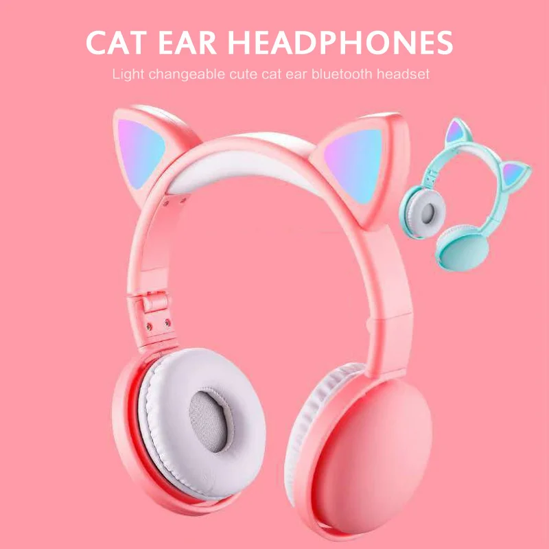 Wireless LED Cat Cute Ear Headphone Folding Headset Bluetooth Earphone Kid Girls Noise Canceling Line Type Headset For Android