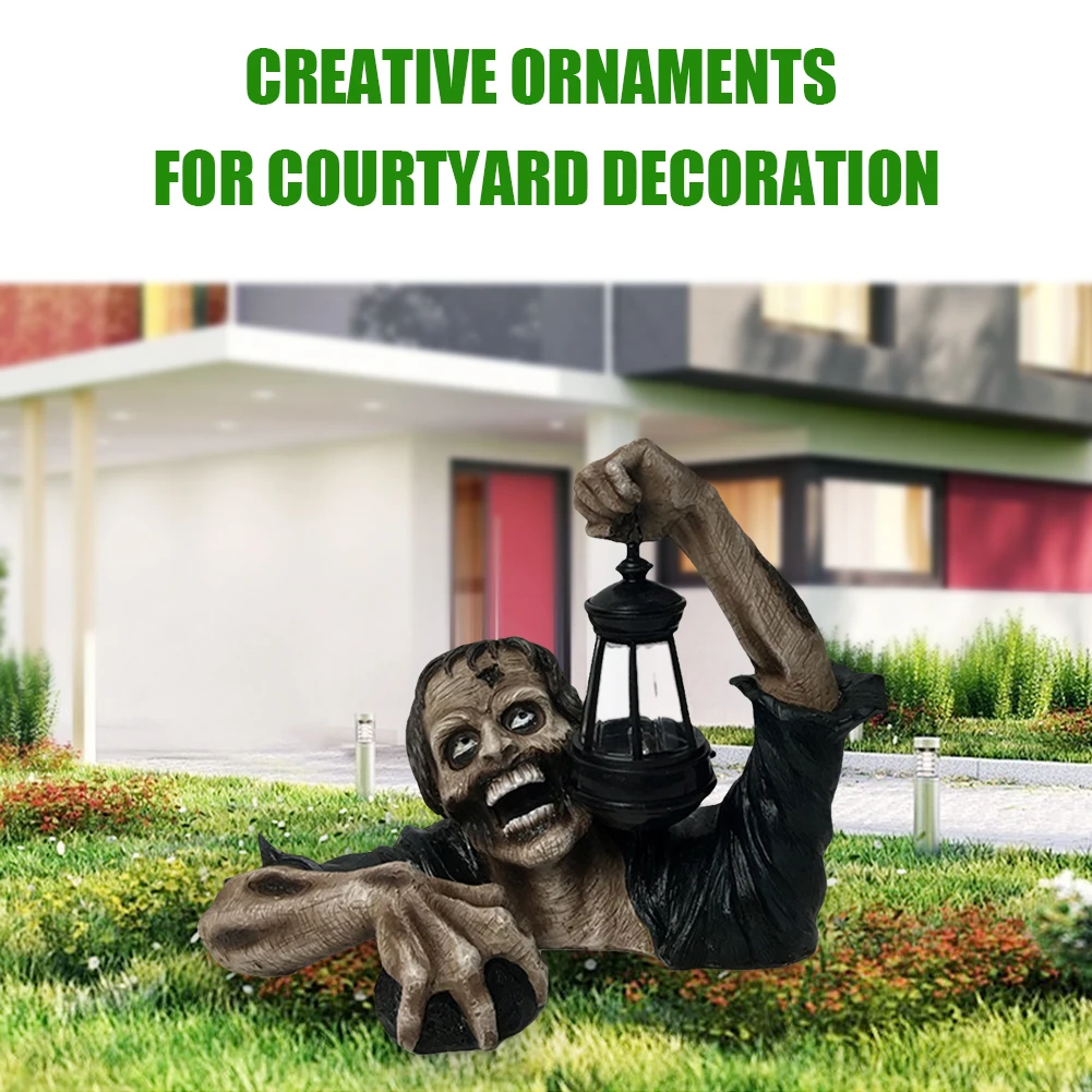 Zombie Crawling Out of Grave with Led Lantern Garden Decor Zombie Statues Horror Landscape Lighting Miniature
