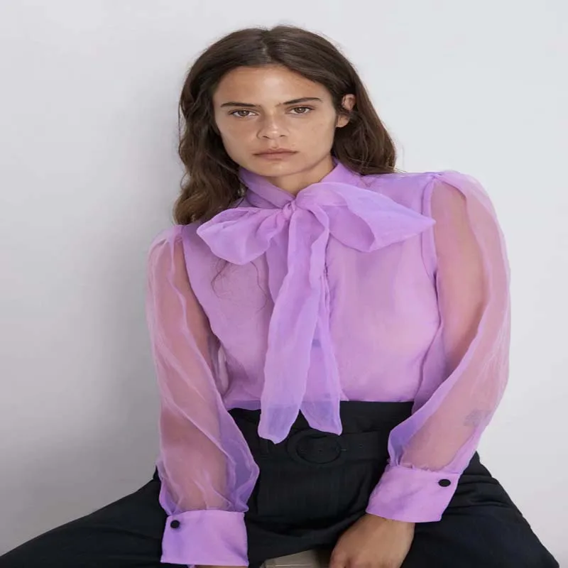 

England vintage perspective organza pruple kimono blouse women bow full-sleeve shirt tops and blouses 2019