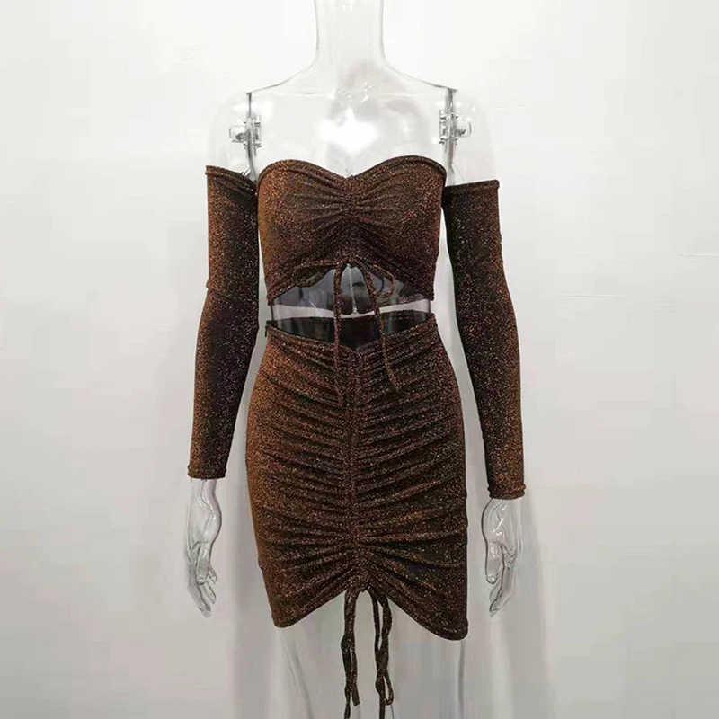 Осенние женские спортивные костюмы, блестящий комплект из двух предметов, укороченный топ, мини юбки, Сексуальные клубные Вечерние платья из двух частей, обтягивающие наряды LX208