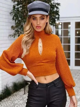 

Womens Sexy Long Sleeve Backless Bow Tops Ladies Knitted Sweater Turtleneck Hollow Short Top Lantern Sleeve Sweaters Pullovers