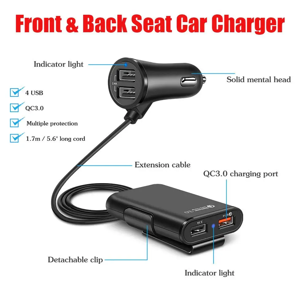 Car Charger Car Phone Charger VAORLO 36W Quick Charge 3.0 USB Car Charger Extension Cord Cable Car Usb Charger Passenger Rear