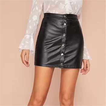 

Hirigin Autumn New Women Front Fitted Mini PU Skirts Solid Fashion Black Single-breasted Short Wrap Dress Clothes