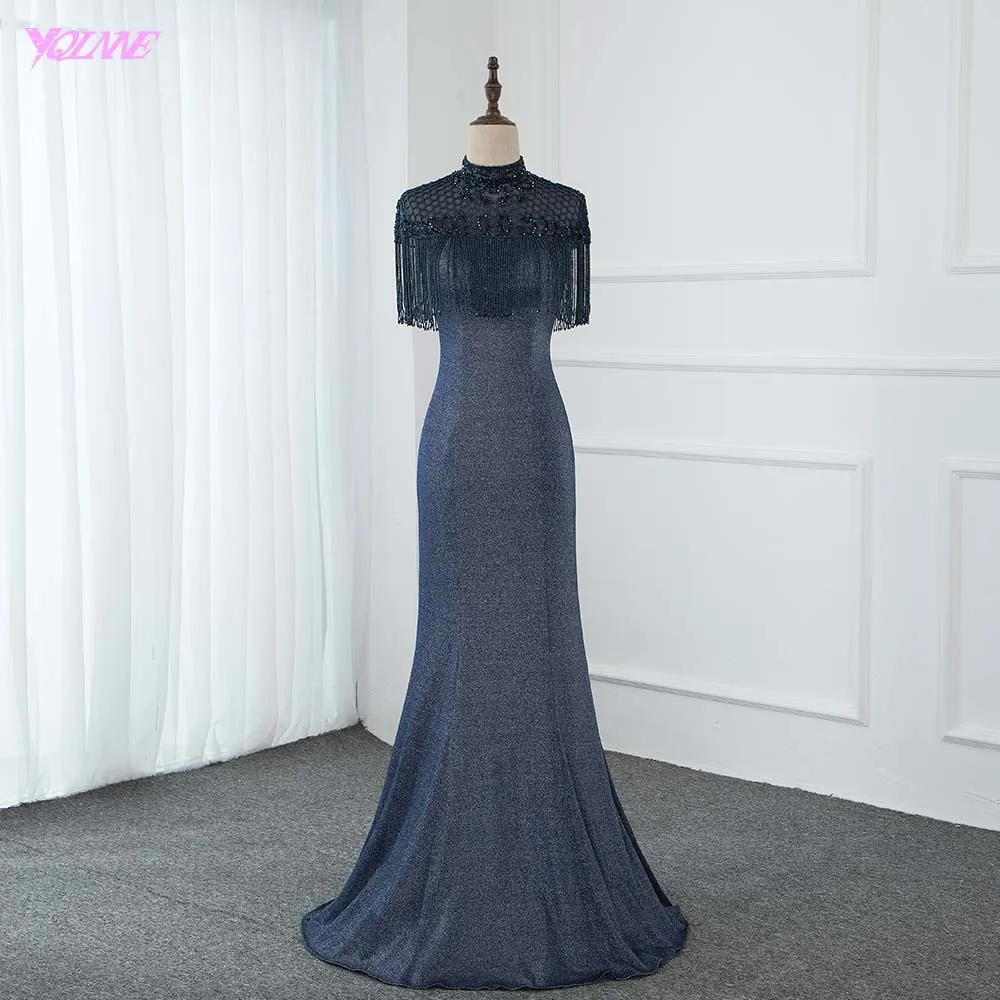Elegant Navy Long Evening Dress High Neck Crystal Beading Knitting Mermaid Formal Gown Party Dresses | Свадьбы и торжества