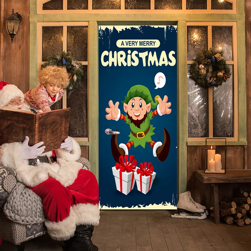 

PVC Chirstmas Door Sticker Shop Gift Waterproof Christmas Tree Christmas Wall Sticker 200*77CM Cartoon Christmas Wallpaper