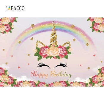 

Laeacco Unicorn Party Photophone Baby Birthday Photo Background Flowers Stars Rainbow Photo Backdrop Newborn Children Photocall