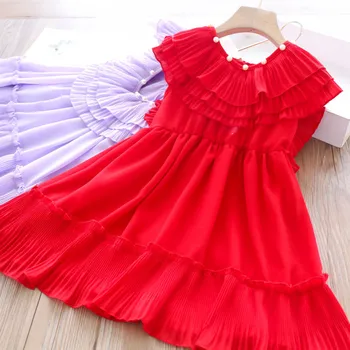 

2020 Summer Girls Pearl Ruffled Collar Backless Chiffon Dress Wholesale