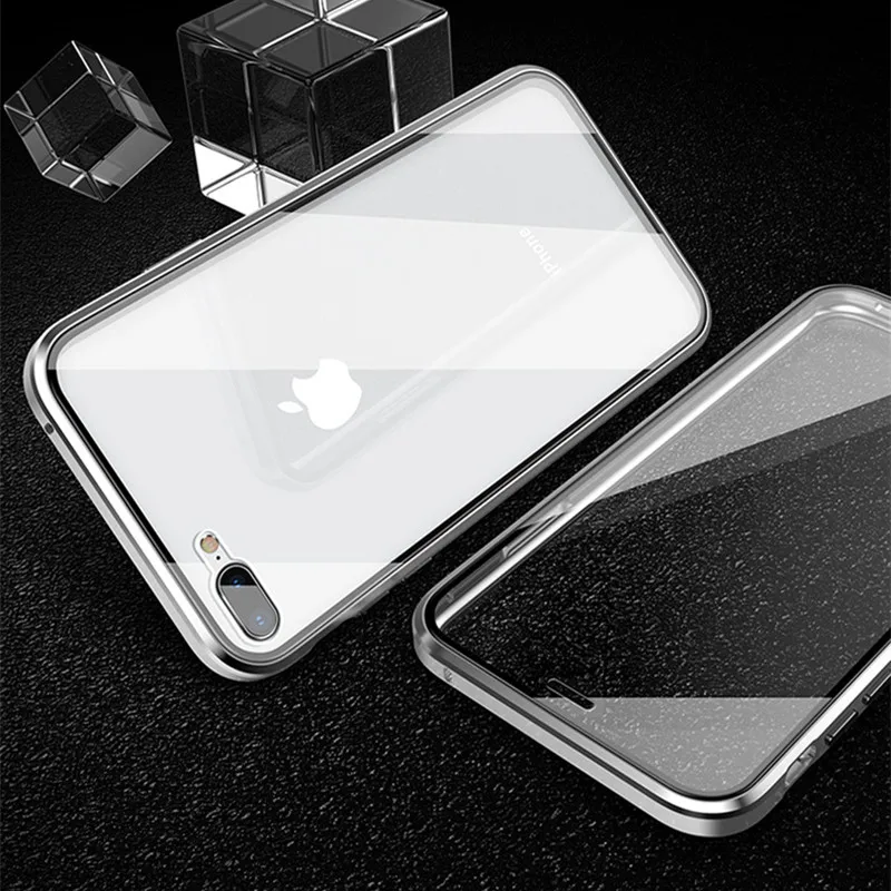 Магнитная Адсорбция металлический чехол для iPhone X 7 8 плюс Двусторонняя закаленное Стекло задний Чехол на магните для iPhone 6 6s X XS Max чехол