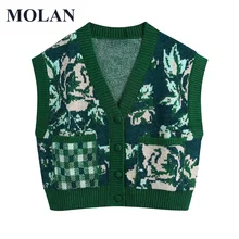

MOLAN Green Print Woman Knitted Vest Retro V Neck 2021 New Autumn Winter Casual Sweater Vest Loose Female Stylish Outwear