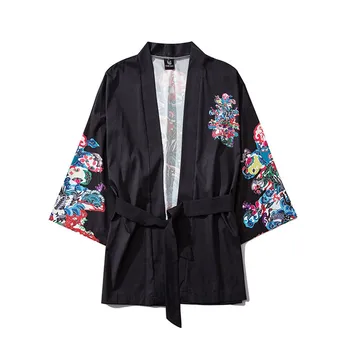 

Japanese Crane Carp Printing Seven-point Sleeve Men And Women Belt Robe Kimono Jacket Cardigan Summer Thin Suncreen Clothing
