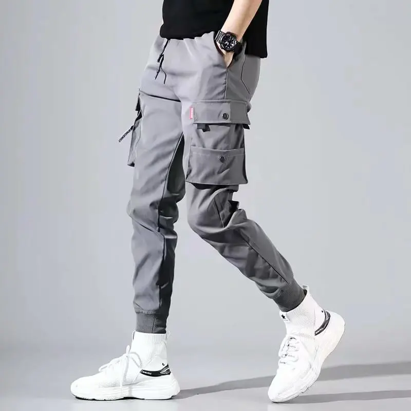 New Black Cargo Pants Hip Hop Boys Multi-pocket Elastic Waist