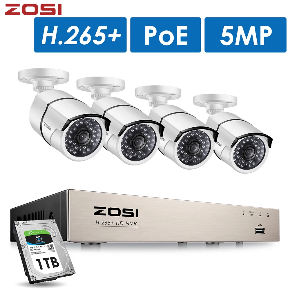 ZOSI H.265 + 8CH 5MP POE Система безопасности камера комплект 4 шт. HD IP Открытый
