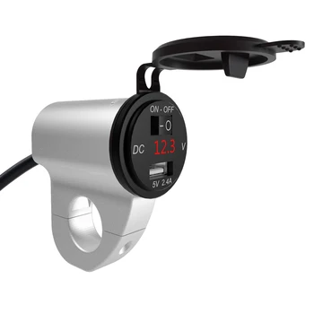 

Silver/Black Motorcycle Bracket Switch USB With Red Voltmeter 22cm Extension Cable Waterproof Charger Digital Display