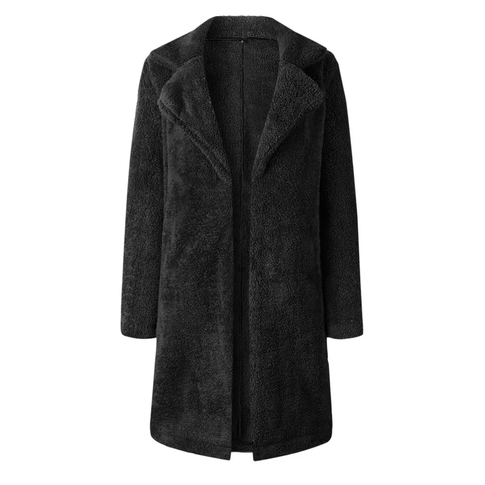 Большие размеры, S-3XL, женское длинное пальто из искусственного меха, однотонное длинное зимнее пальто с длинным рукавом и открытой передней частью, Женская Повседневная Свободная верхняя одежда, меховая куртка - Цвет: Черный