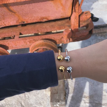 

GHIDBK Dainty Double Beads Open Bangle Bracelets for Women Minimalist Gemetrical Balls Thin Bracelet Simple Chic Design Bangles