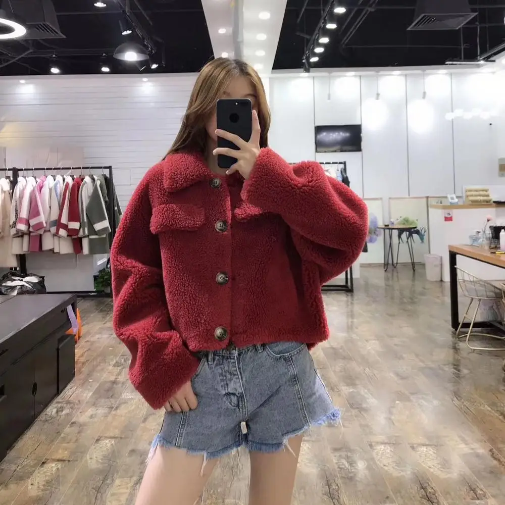 Red 30% натуральное шерстяное меховое пальто для женщин зима новая мода короткое Стильное женское пальто - Цвет: Red