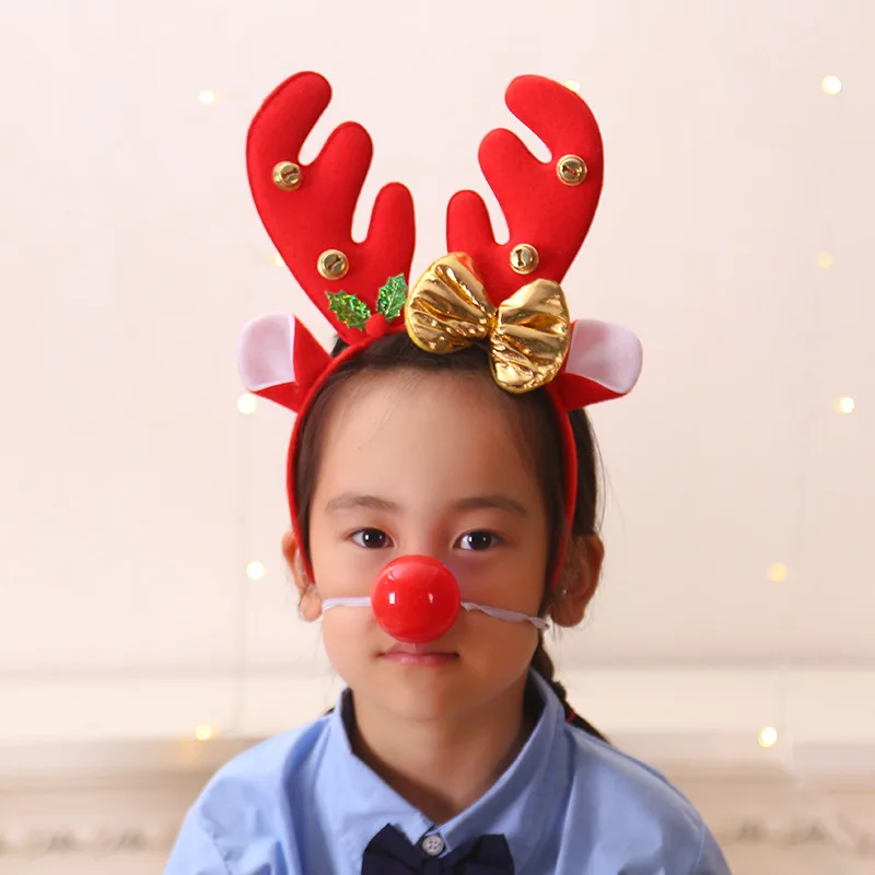 

High Quality Christmas Gift for Girls Boys Cartoon Elk Horn Headwear Loop with Cute Red Nose Home Party Children Hair Ornaments