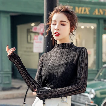 

Real Photos Girls Lace T-Shirts Tees Female 2020 Spring Transparent Full Sleeve Elegant Stretchy Mesh Tshirt Tops For Women