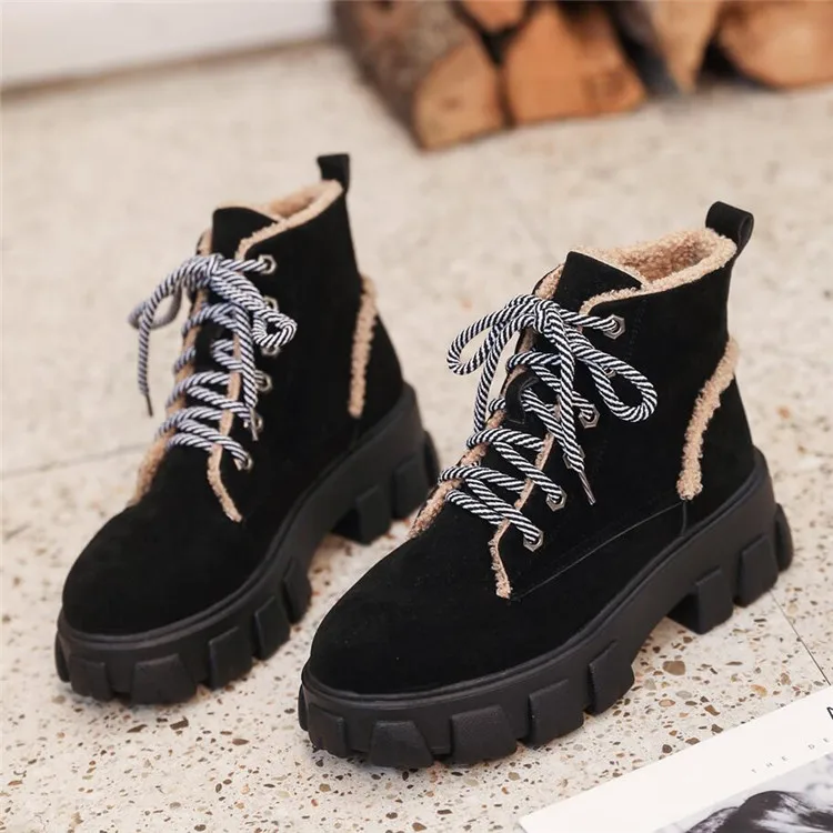 COOTELILIl/Женские Ботинки Ботильоны черные теплые зимние ботинки на меху, на толстом каблуке, на платформе, с круглым носком, на шнуровке, с плюшевой подкладкой