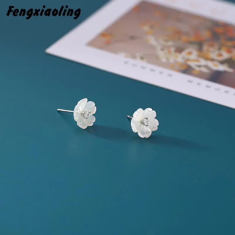 

Fengxiaoling New Fashion Sweet Shell Silver Women Earrings 100% 925 Sterling Silver Beautiful Flowers Stud Earrings Fine Jewelry