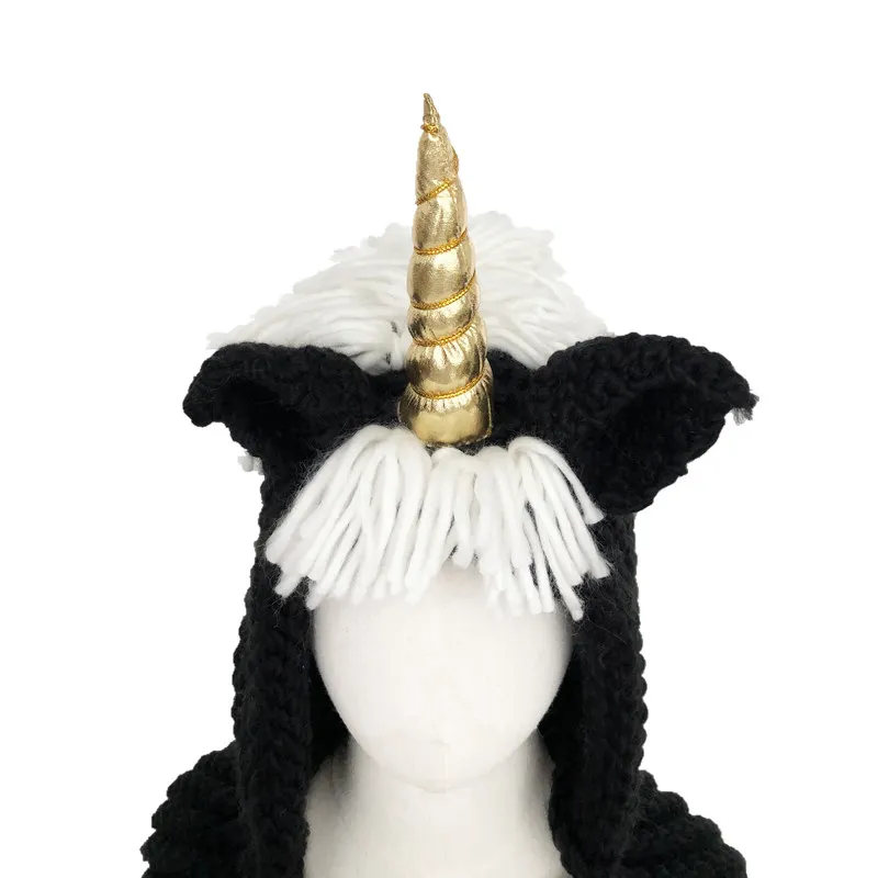 Black-white-Gold Зимние детские Unicorn шапки крючком мультфильм с шарфом карман с капюшоном вязаная шапка Косплей фотографии для мальчиков и девочек - Цвет: Black-white-Gold