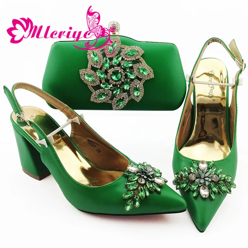 

New green color Italian Shoes With Matching Bags African Women Shoes and Bags Set For Prom Party Summer Sandal