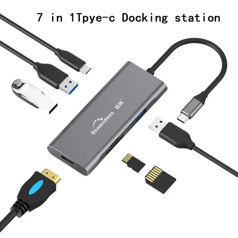 7 in 1Tpye-c USB C концентратор type C для нескольких USB 3,0 концентратор HDMI адаптер док-станция для MacBook Pro huawei mate 30 XiaoMi DELL HDMI разветвитель порт type C концентратор - Цвет: 7 in 1Tpye-c