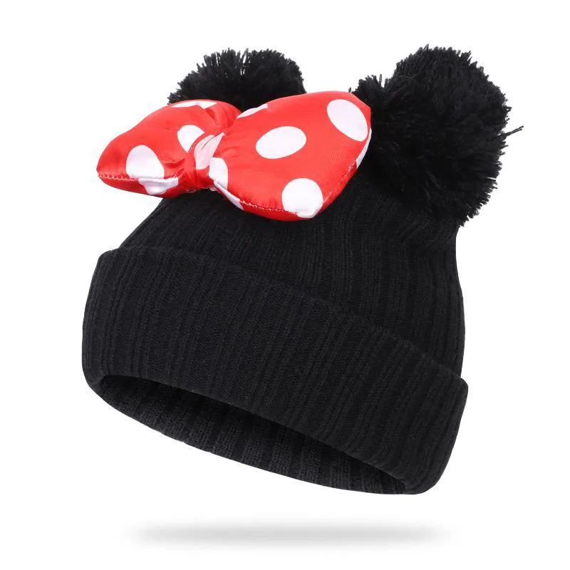 Милая Детская шляпа с большим бантом в горошек для маленьких девочек, шапка с помпонами, осенне-зимняя теплая вязаная шапка - Color: black