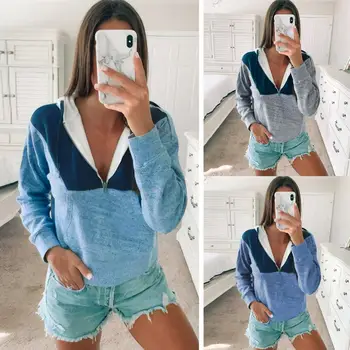 

Female 2019 Autumn And Winter Fashion Stitching With Pocket Hoodies Casual Loose Long Sleeve Zippers Cotton Hoodies Sweatshirt
