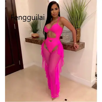 

FENGGUILAI New Neon Green Tracksuit Women Two Piece Set Sleeveless Bodysuit Ruffles Mesh Sheer Pants Bodycon Two Piece Outfit