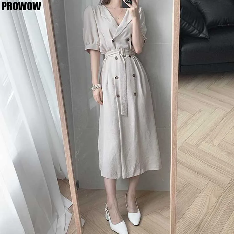 One-Piece Elegant Dress Women 2020 Summer New Fashion Double Breasted Dresses Ladies Korean Short Sleeve Office Dress Vestidos