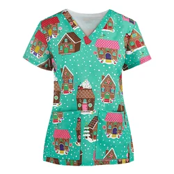 Christmas Printed Women's Uniform Nurse Workshop Uniforms Professional Work Blouse Medical Suit Hospital Nursing Top
