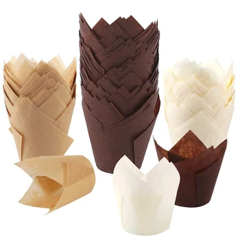 

200Pcs Tulip Cupcake Baking Cups, Muffin Baking Liners Holders, Rustic Cupcake Wrapper, Brown, White and Nature Color