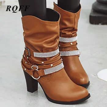 

2019 Autumn Winter New Women Boots Pu Leather Belt Buckle Mid Calf Block Heel Slip on Punk Boot Brown Black High Heels Shoes