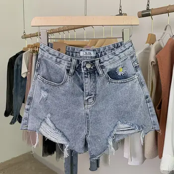 

Denim Shorts Women Floral Embroidery Short Jeans 2020 New Arrival Ripped Wide Leg High Waist Shorts Women Summer