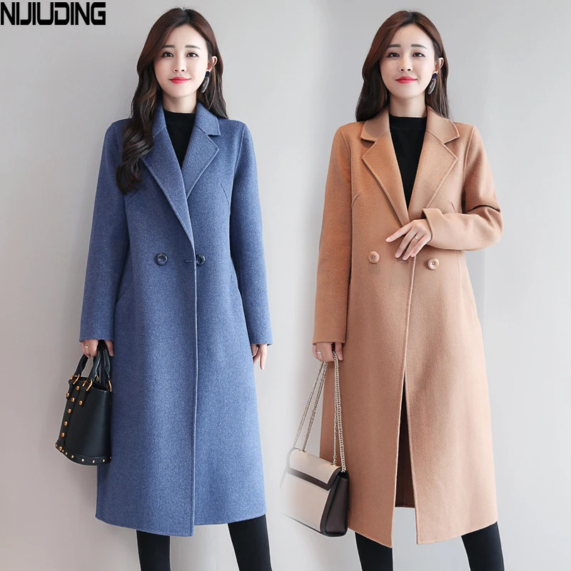 

NIJIUDING Women's Wool Coat 2020 Winter New Cashmere Full Sleeve Turn Down Collar Single Button Solid X-Long Jackets Office Lady