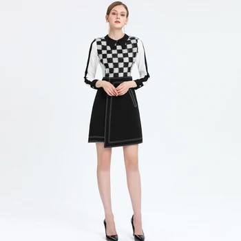 

Xiaomoli Temperament black and white plaid with Lapel patchwork irregular dress new in autumn 2020