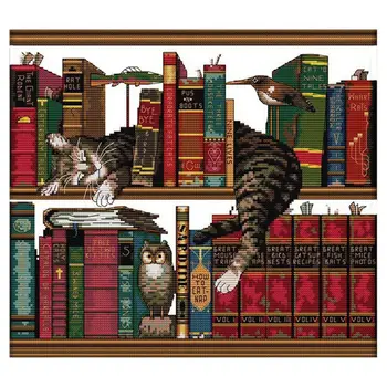 

DIY Handmade Needlework Counted Cross Stitch Set Embroidery Kit 14CT Cat on Bookshelf Pattern Cross-Stitching 40 * 36cm Home Dec