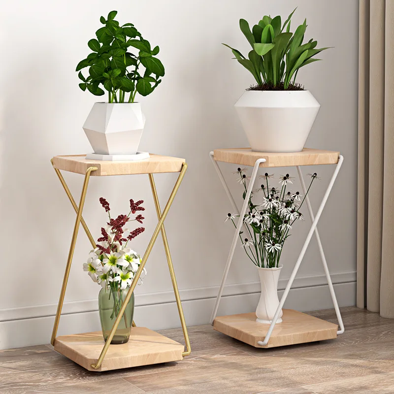 Iron flower rack wooden shelf balcony floor type plant rack double-layer Storage Rack plant stand wooden flower shelf