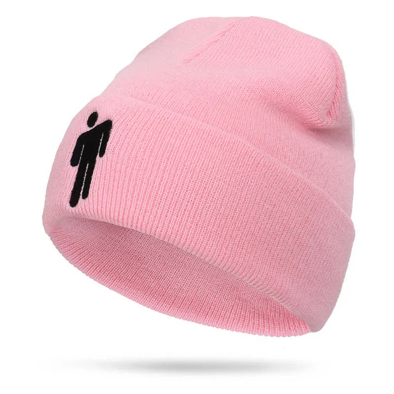 Шапка-бини с вышивкой Billie Eilish для женщин и мужчин, вязаные теплые зимние шапки для мужчин и женщин, одноцветные Повседневные шапки в стиле хип-хоп с манжетами - Цвет: Розовый