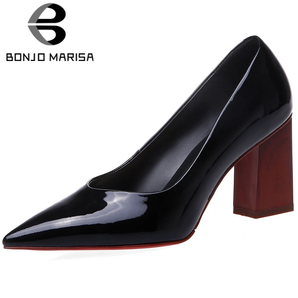 

BONJOMARISA Brand Female Patent Leather Pumps Spring Pointed Toe Square Heels Shallow Spring Pumps Women Dress Shoes Woman