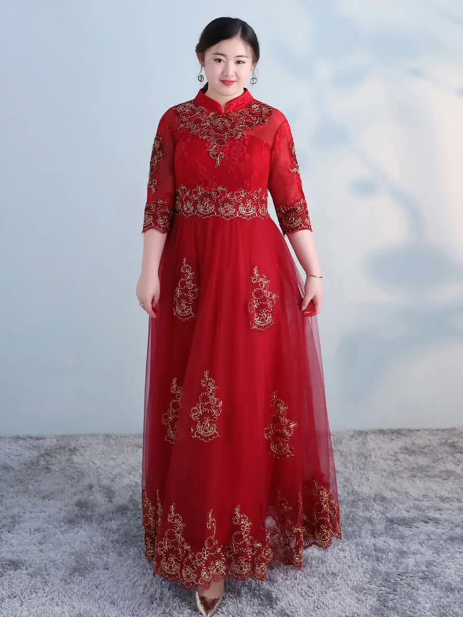 Вечернее платье, винтажное, китайский стиль, халат De Soiree T535, бургундское, вышивка, кружево, женские платья для вечеринок, размера плюс, официальное платье