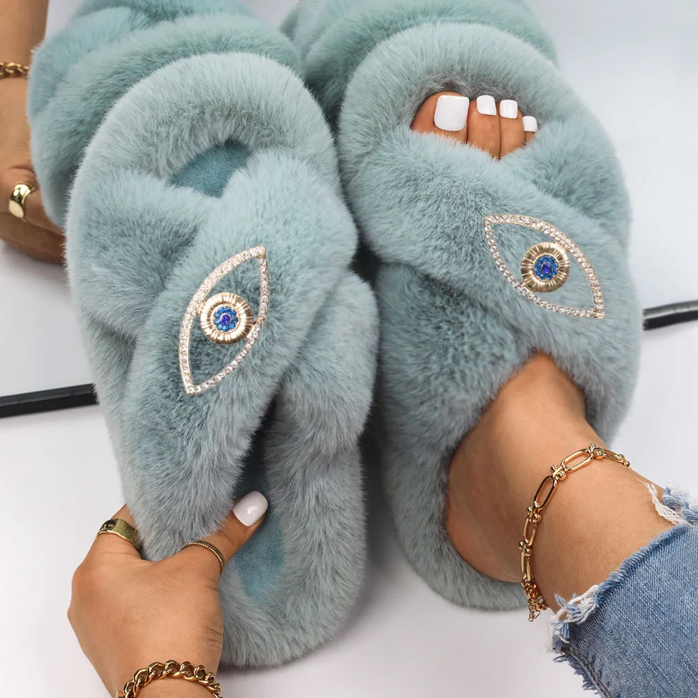 Women Home Slippers Designer Furry Slides Faux Fur Sandals Ladies Luxury Decor Fluffy Slippers Flip Flops Female Flat Shoes 2022