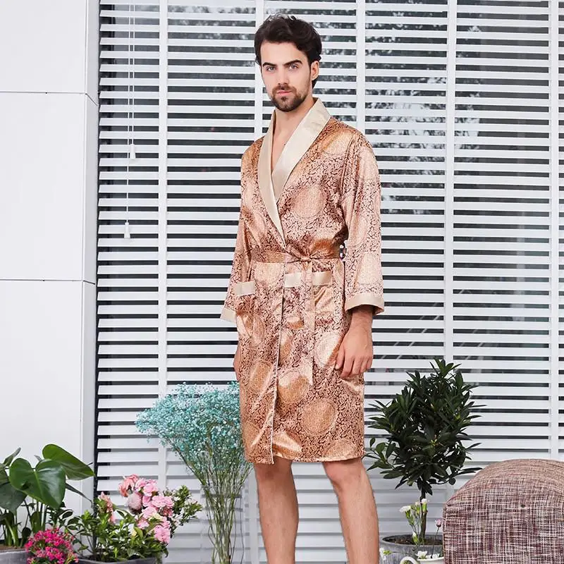 mens plaid pajama pants Men's Robe Nightgown Satin Kimono Bathrobe Gown Casual Sleepwear Plus Size Print Gold Home Dressing Gown 3XL 4XL 5XL mens cotton pajama sets Men's Sleep & Lounge