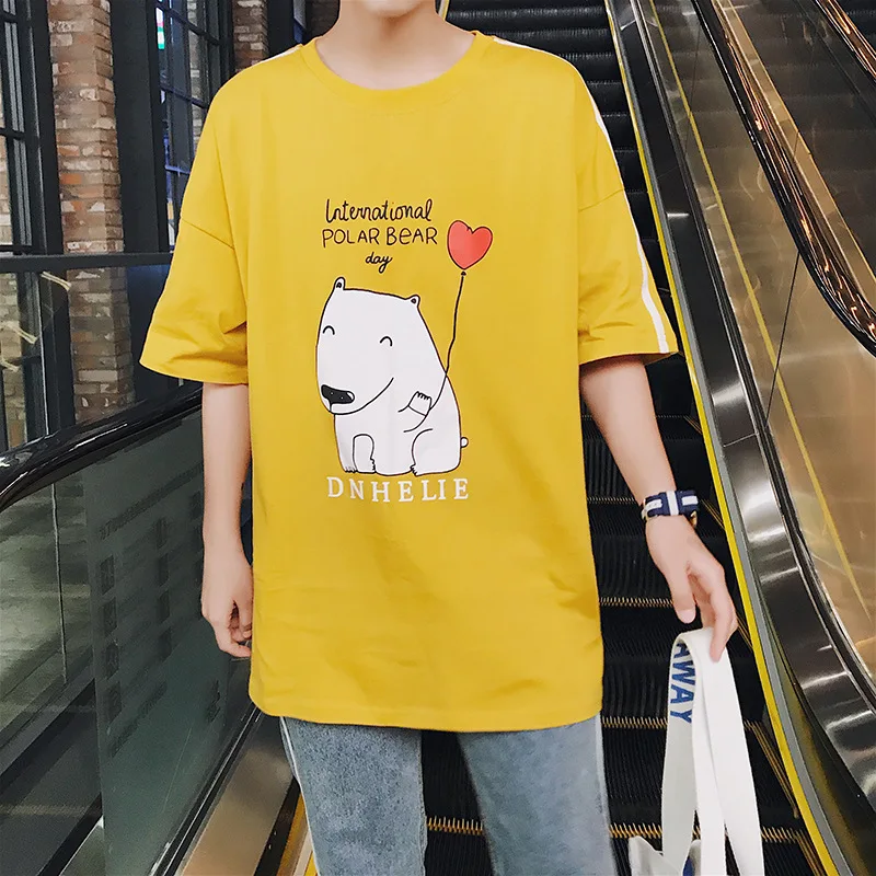 

Large Size Model T63-p35 Cartoon Animal Couples Short Sleeve T-shirt Korean-style Loose Casual Bat Sleeve Men's