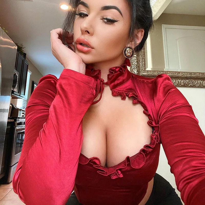 Vintage Solid Color Hollow Out Crop Tops Women Ruffle Lace Up Long Sleeve Cropped Blouse Shirt Ladies Shirts Blusas | Женская одежда