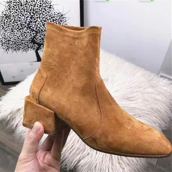 

2020 New Black Suede Leather Boots Women Med Heels Ladies Chelsea Boots Round Toe Ankle Boots For Women Winter Shoes